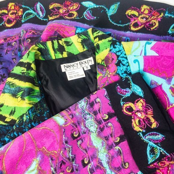 Vintage Batik Silk Embellished Jacket Nancy Bolen City Girl Sz S - Picture 6 of 13